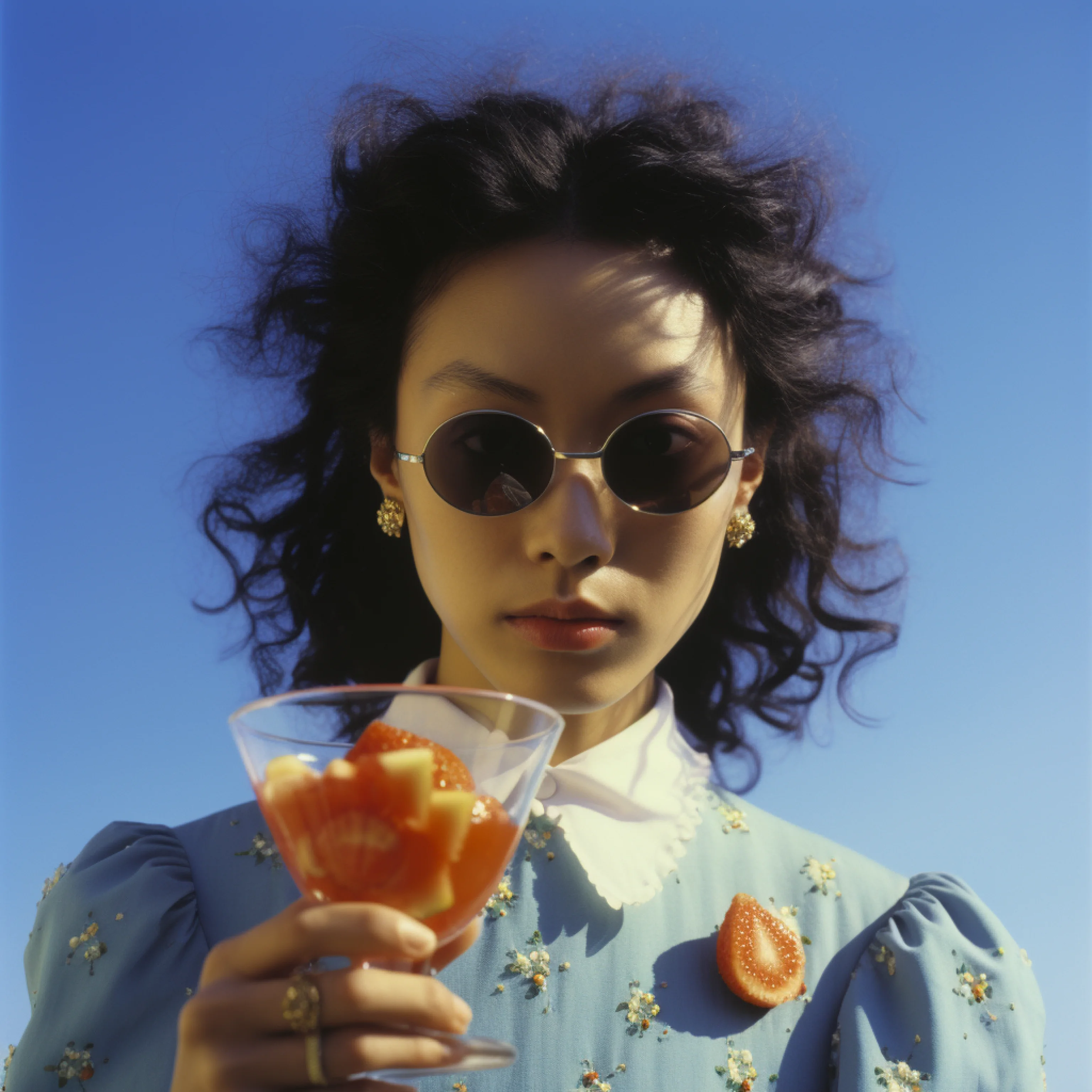 KI-Bild aus Funqy Prompts: Frau mit dunklen Locken und runder Sonnenbrille hält vor blauem Himmel ein Glas mit Fruchtstücken